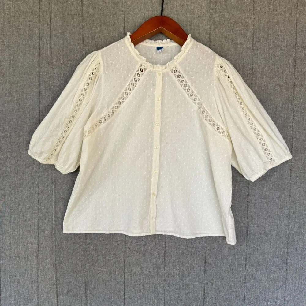 Old‎ Navy Creme De La Creme Cotton Puff-Sleeve Lace-Trim Clip-Dot Blouse Size XL